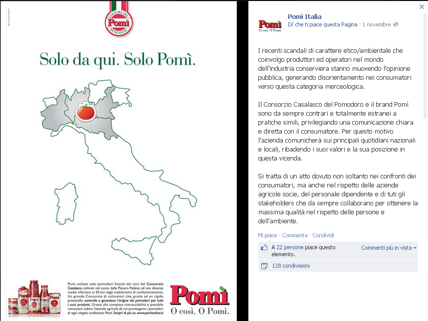 Pomì Italia Comunicato Facebook